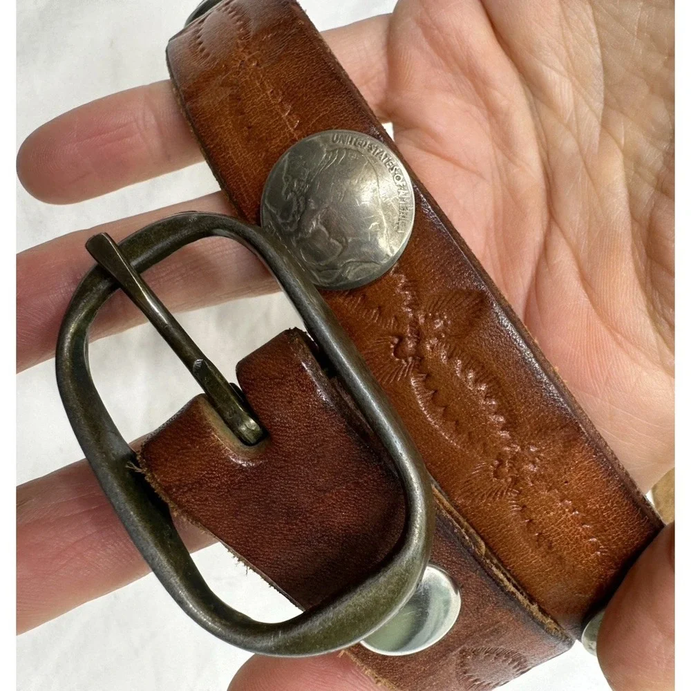 Buffalo Head Nickel Youth Belt 28 Handcrafted Brown Leather Tooled Western Vtg